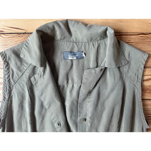 Schiller Collared V Neck Button Front Sleeveless Sage Green Short Shirt Dress - Picture 3 of 10